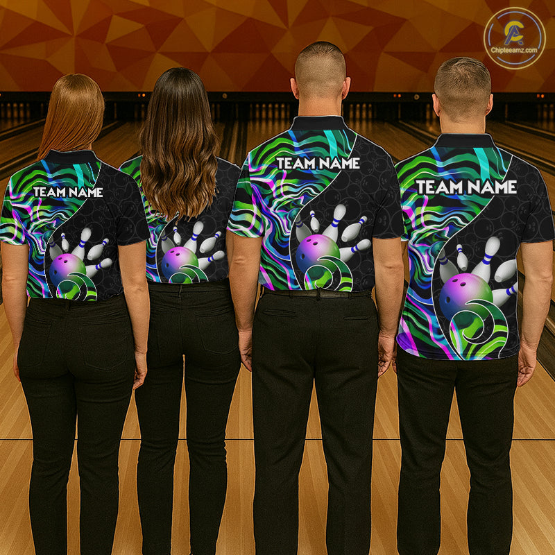 Custom Green Neon Wave Bowling Team Shirts, Strike Bowling Shirts For Men Bowling Jersey HNT465