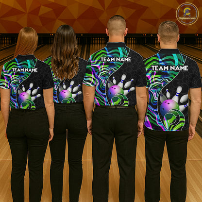 Custom Green Neon Wave Bowling Team Shirts, Strike Bowling Shirts For Men Bowling Jersey HNT465