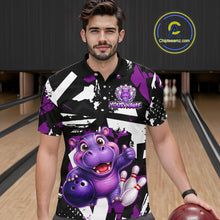 Load image into Gallery viewer, Man wearing a bowling polo shirt featuring a cheerful purple hippo mascot holding a bowling ball, with custom player name text.