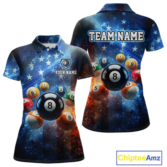 Two polo shirts with billiard ball design and customizable text on a white background