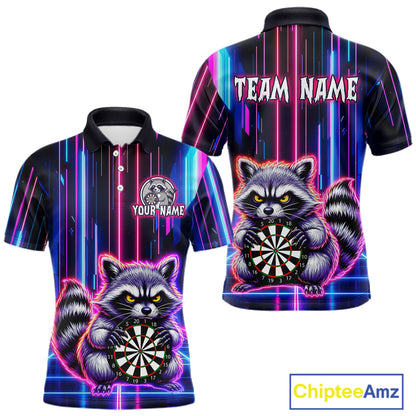 Front and back darts polo shirt featuring a raccoon holding a dartboard framed by neon light effects on a black background.