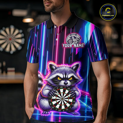 Man wearing darts polo shirt featuring a raccoon holding a dartboard framed by neon light effects on a black background.