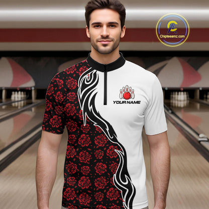 Custom Red Rose Flowers Bowling Jersey for Men Polo & 1/4 Zip Bowling Team Shirts HNT212