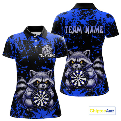 Custom Blue Raccoon Funny Dart Shirt Dart Team Jersey for Women Dartboard Polo & 1/4 Zip Shirts NNT170