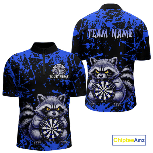 Blue and black polo shirt with raccoon design and customizable text, featuring Chiptee Amz branding.