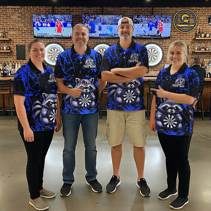 Custom Blue Raccoon Funny Dart Shirt Dart Team Jersey for Women Dartboard Polo & 1/4 Zip Shirts NNT170