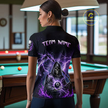 Load image into Gallery viewer, Person wearing a black billiards polo with purple lightning, a hooded grim reaper holding an 8-ball, and custom team and player name text.