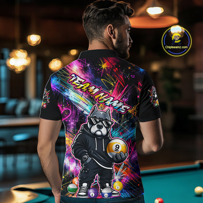 Men wearing personalized billiards polo shirt with a american bully dog holding a nine ball, integrated with colorful streaks and pool ball elements.