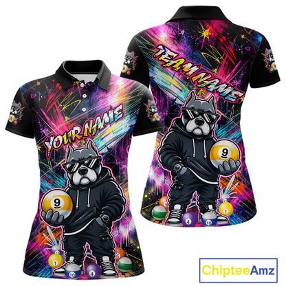 Front and back view personalized billiards polo shirt with a american bully dog holding a nine ball, integrated with colorful streaks and pool ball elements.
