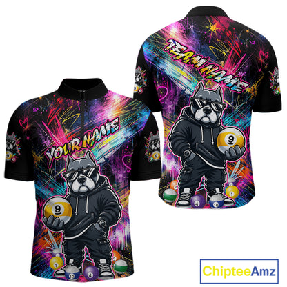 Front and back view personalized billiards quarter zip shirt with a american bully dog holding a nine ball, integrated with colorful streaks and pool ball elements.