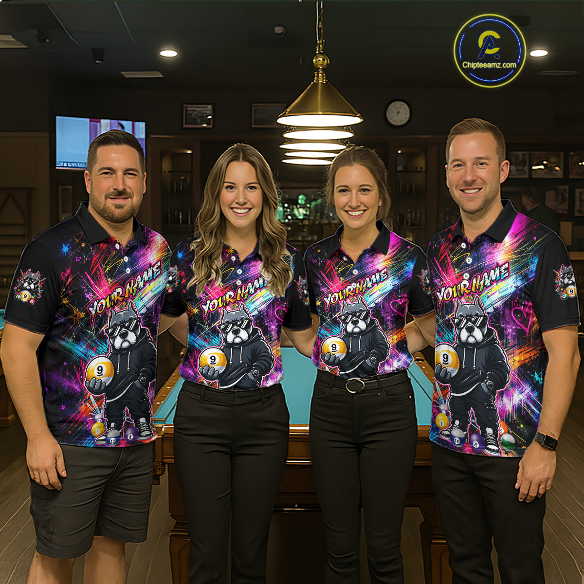 Four people wearing personalized billiards polo shirt with a american bully dog holding a nine ball, integrated with colorful streaks and pool ball elements.
