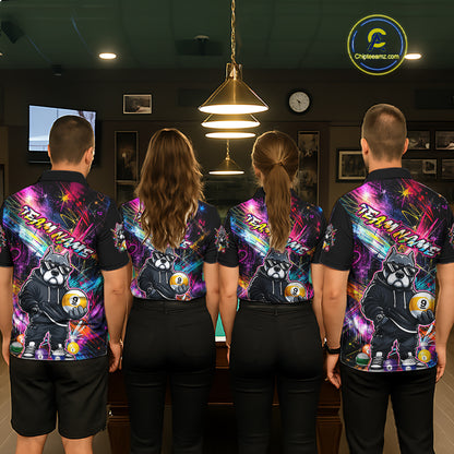 Four people wearing personalized billiards polo shirt with a american bully dog holding a nine ball, integrated with colorful streaks and pool ball elements.