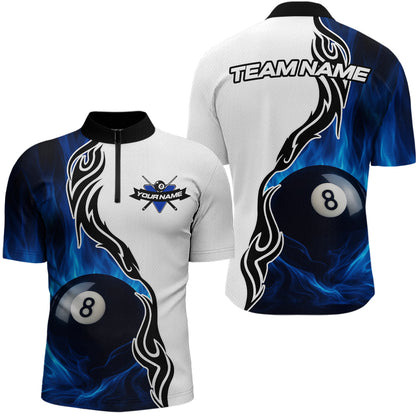 Custom Blue Flame 8 Ball Billiard Shirts for Men Billiard Team Shirts Billiard League Polo & 1/4 Zipper NNT88