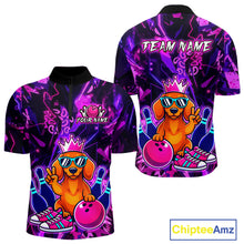 Load image into Gallery viewer, Front and back views of a black and purple bowling quarter zip shirt featuring a cartoon dachshund wearing sunglasses and a crown, holding a pink bowling ball, with custom team and player name text.