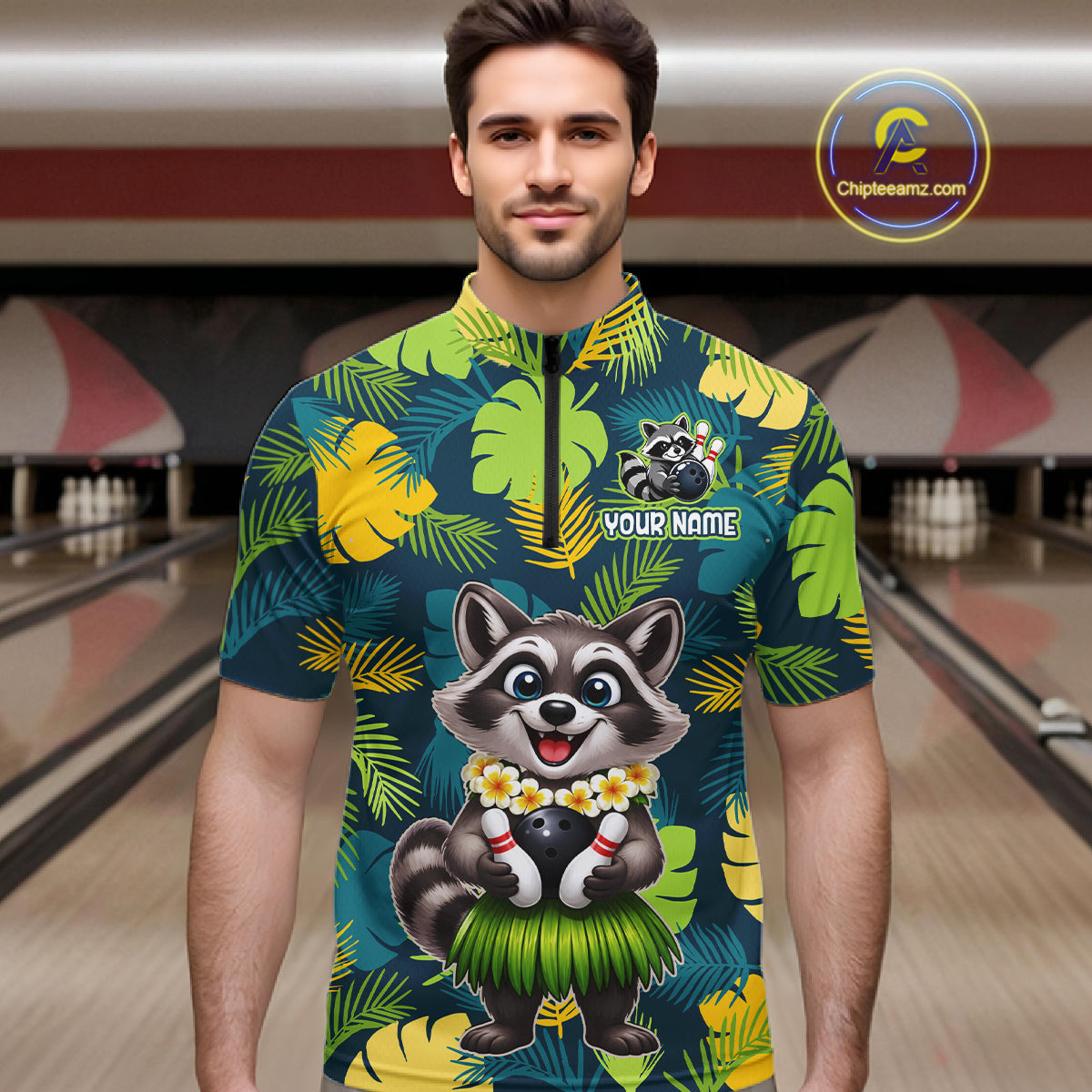 Man wearing a tropical bowling quarter zip featuring a smiling raccoon mascot in a grass skirt, leafy patterns, bowling pins, and custom your name text.