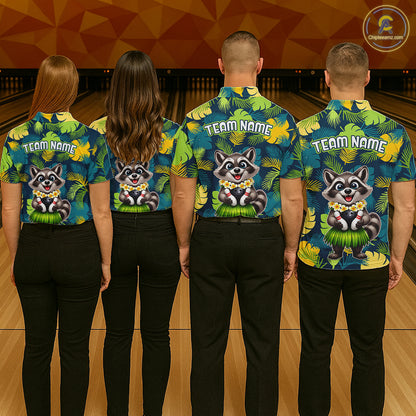 Four people wearing tropical bowling quarter zip featuring a smiling raccoon mascot in a grass skirt, leafy patterns, bowling pins, and custom team name text.