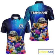 Load image into Gallery viewer, Front and back views of an underwater-themed bowling polo featuring a fish mascot wearing sunglasses and a cap, colorful coral reefs, bowling pins, bowling balls, and custom team text.