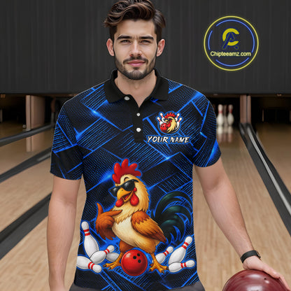 Man wearing a blue and black bowling polo shirt featuring a cool rooster mascot wearing sunglasses, a red bowling ball, bowling pins, and custom your name text.