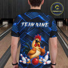 Load image into Gallery viewer, Man wearing a blue and black bowling polo shirt featuring a cool rooster mascot wearing sunglasses, a red bowling ball, bowling pins, and custom team name text.