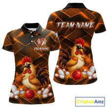 Load image into Gallery viewer, Front and back views of a orange and black bowling polo shirt featuring a cool rooster mascot wearing sunglasses, a red bowling ball, bowling pins, and custom team text.