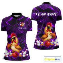 Load image into Gallery viewer, Front and back views of a purple and black bowling quarter zip shirt featuring a cool rooster mascot wearing sunglasses, a red bowling ball, bowling pins, and custom team text.