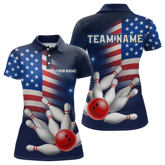 Custom US Flag Galaxy Bowling Jersey for Women Bowling Team Shirts Bowling Polo & 1/4 Zip HNT169