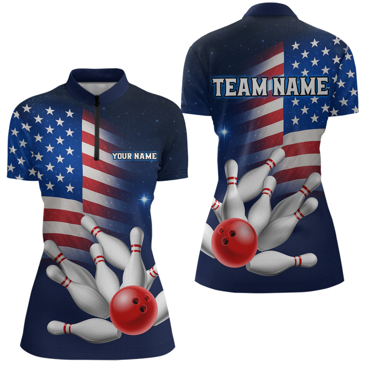 Custom US Flag Galaxy Bowling Jersey for Women Bowling Team Shirts Bowling Polo & 1/4 Zip HNT169