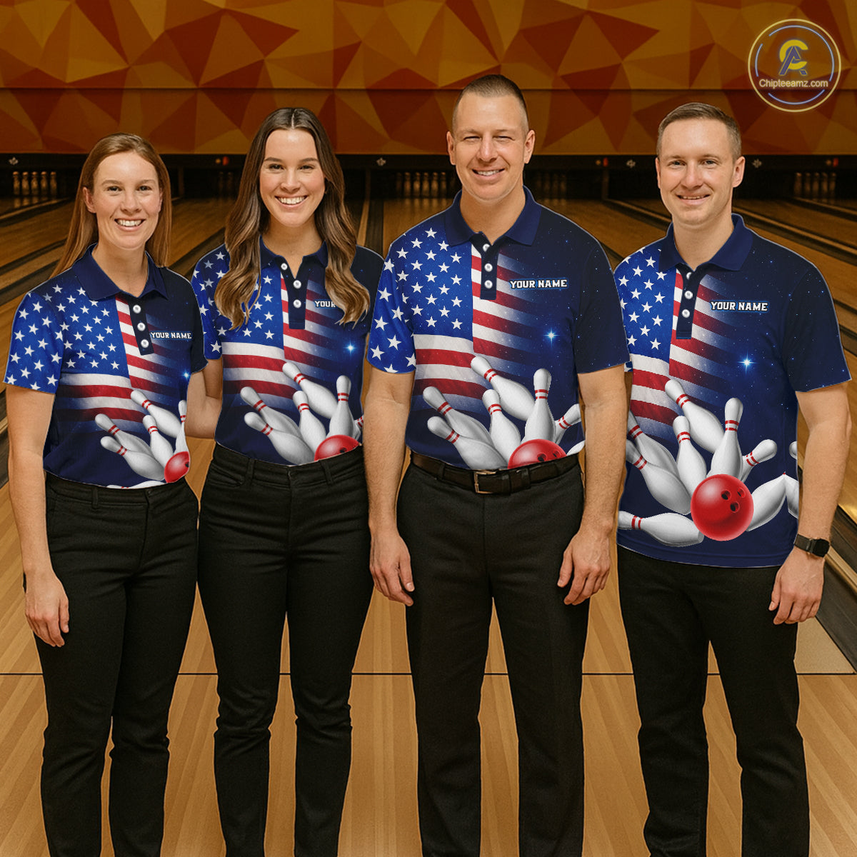 Custom US Flag Galaxy Bowling Jersey for Women Bowling Team Shirts Bowling Polo & 1/4 Zip HNT169