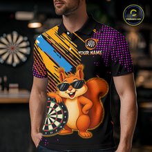 Load image into Gallery viewer, Person wearing a colorful polo shirt with a cartoon squirrel and dartboard design, in an indoor setting.