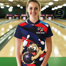 Load image into Gallery viewer, Person wearing a navy, red, and white bowling quarter zip featuring a cartoon pug holding a purple bowling ball, pins, and custom team text.