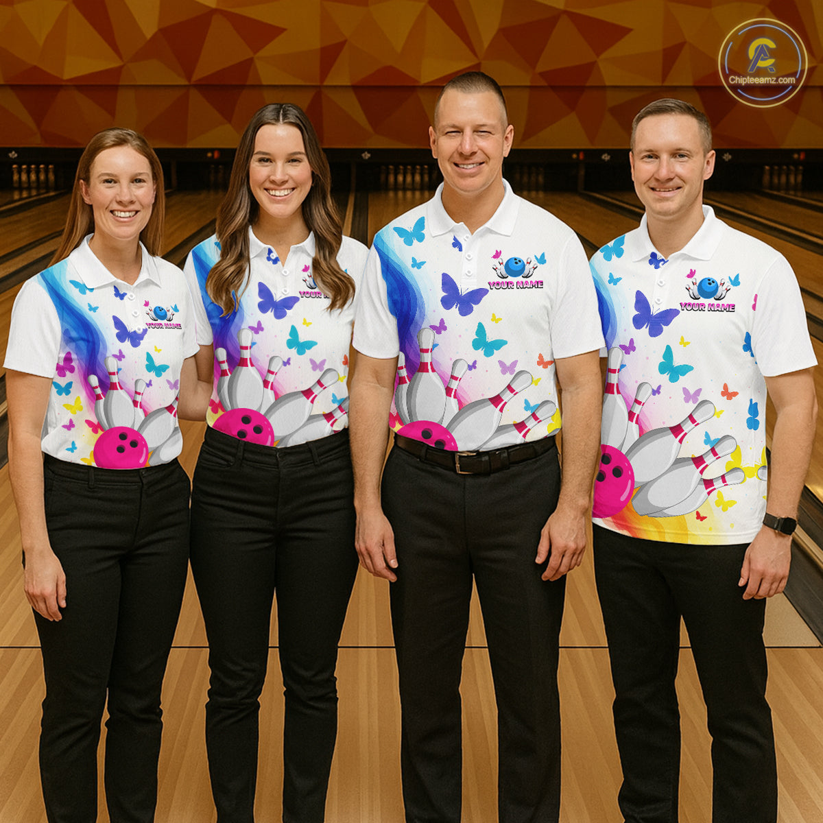 Custom Colorful Butterfly Bowling Jersey for Men Bowling Team Shirts Bowling League Polo & 1/4 Zip HNT173