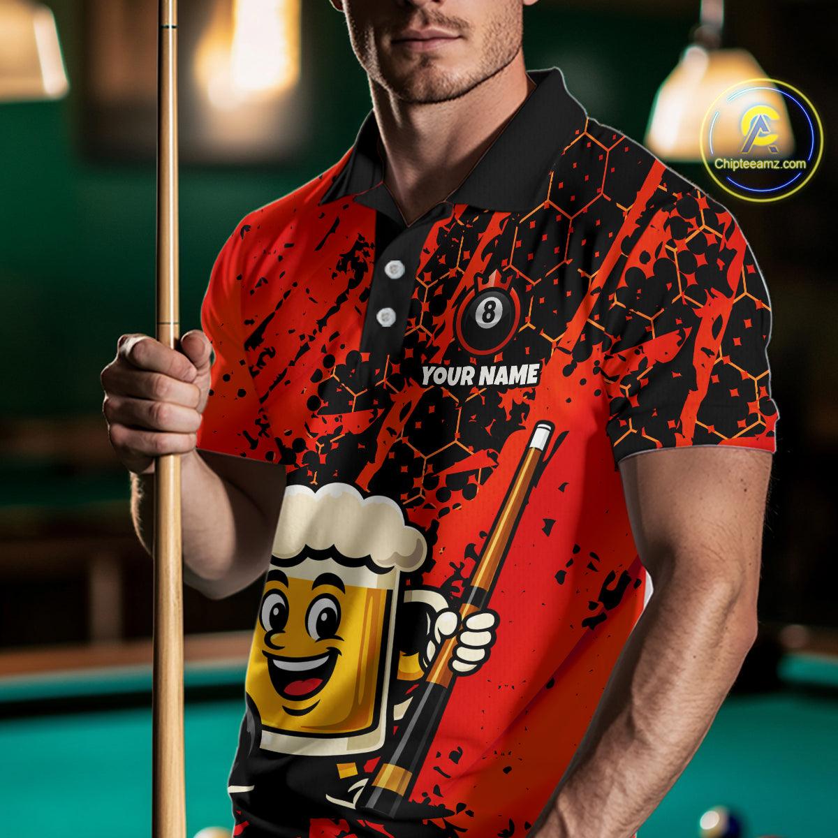 Custom Funny Red Beer 8 Ball Pool Billiard Shirt for Men Polo & 1/4 Zip, Billiard Team Jerseys NNT147