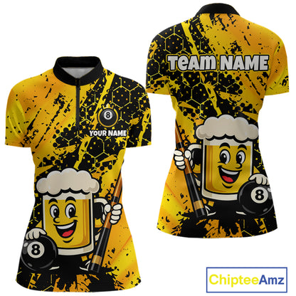 Custom Funny Yellow Beer 8 Ball Pool Billiard Shirt for Women Polo & 1/4 Zip, Billiard Team Jerseys NNT147