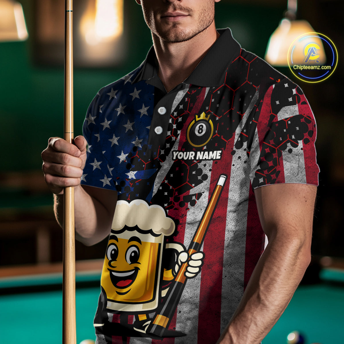 Custom Funny US Flag Beer 8 Ball Pool Billiard Shirt for Men Polo & 1/4 Zip, Billiard Team Jerseys NNT147