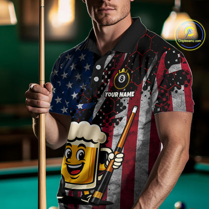 Custom Funny US Flag Beer 8 Ball Pool Billiard Shirt for Men Polo & 1/4 Zip, Billiard Team Jerseys NNT147