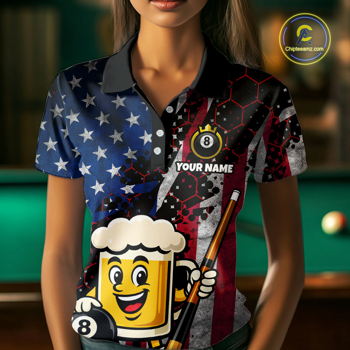 Custom Funny US Flag Beer 8 Ball Pool Billiard Shirt for Women Polo & 1/4 Zip, Billiard Team Jerseys NNT147