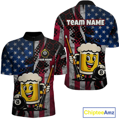 Custom Funny US Flag Beer 8 Ball Pool Billiard Shirt for Men Polo & 1/4 Zip, Billiard Team Jerseys NNT147