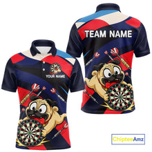 Load image into Gallery viewer, Front and back views of a navy, red, and white darts polo featuring a cartoon pug holding a dartboard, flying darts, and custom team text.