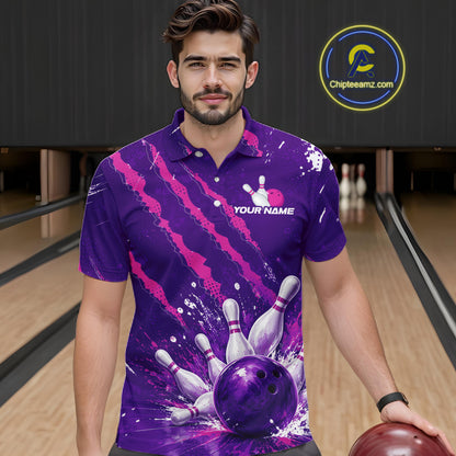 A man wearing a purple bowling-themed short-sleeve polo shirt with pink brushstroke patterns, bowling pins, and a bowling ball graphic, standing in a bowling alley. A circular 'Chipleamz.