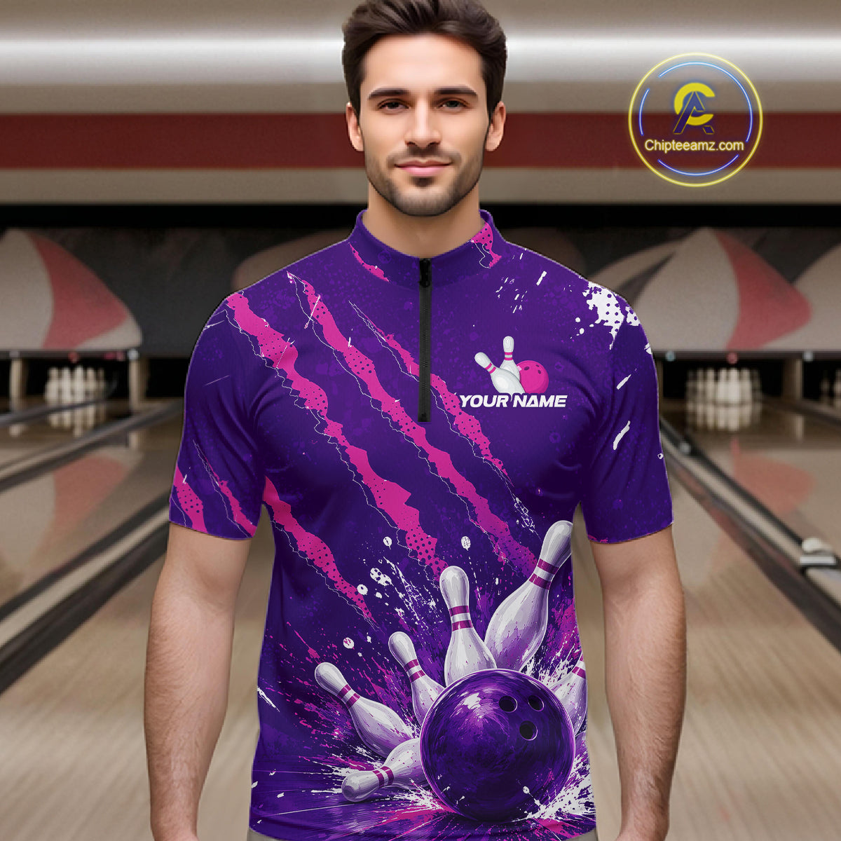 A man wearing a purple and pink bowling-themed short-sleeve mock-neck shirt with bowling pins and balls graphic, standing in a bowling alley. A 'Chiletaniz.