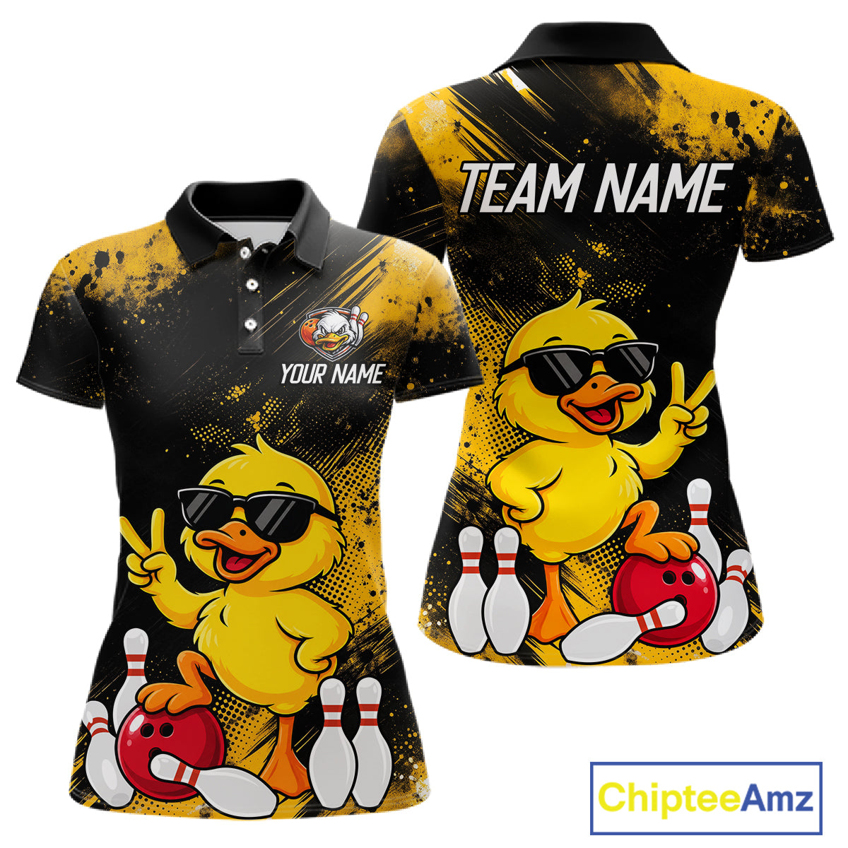 Front and back views of a custom short-sleeve polo shirt featuring a cartoon yellow duck wearing black sunglasses, bowling with red bowling balls and white bowling pins, on a black and yellow splatter background. The front shows 'YOUR NAME' and a crest placeholder, and the back shows 'TEAM NAME'.