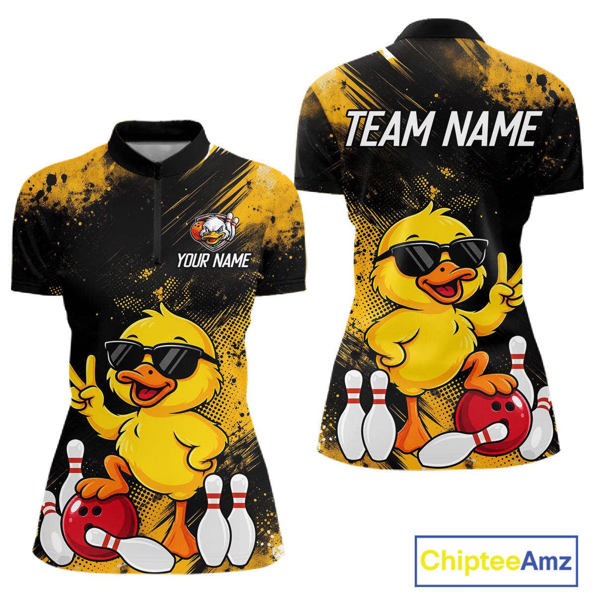 Front and back views of a women's short-sleeve polo shirt featuring a cartoon yellow duck wearing black sunglasses, bowling with red bowling balls and white pins, on a black and yellow splatter background. The front has placeholder text 'YOUR NAME' and a small mascot logo, while the back has 'TEAM NAME' in white.