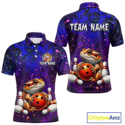 Custom funny bearded dragon bowling jersey for men, personalized team bowling polo shirt front view and back view.