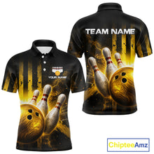 Load image into Gallery viewer, Bowling-themed polo shirt with customizable text on a white background