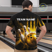 Load image into Gallery viewer, Person wearing a black bowling-themed shirt with 'TEAM NAME' text at a bowling alley.