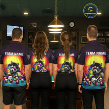 Load image into Gallery viewer, Four people wearing matching shirts with a colorful design of a dog playing pool in a bar setting.