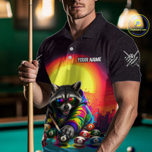 Load image into Gallery viewer, Person wearing a polo shirt with a colorful raccoon design and 'Your Name' text, holding a pool cue on a pool table.