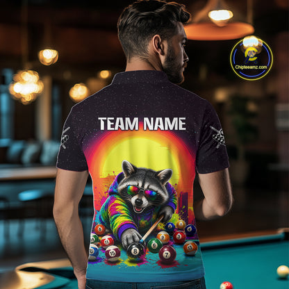 Person wearing a shirt with a raccoon playing pool design and 'TEAM NAME' text.