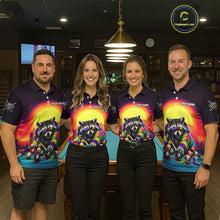 Load image into Gallery viewer, Four people wearing colorful shirts with raccoon graphics in a bar setting.