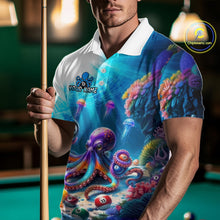 Load image into Gallery viewer, Man wearing a colorful shirt with an octopus design, holding a pool cue in a billiards setting.
